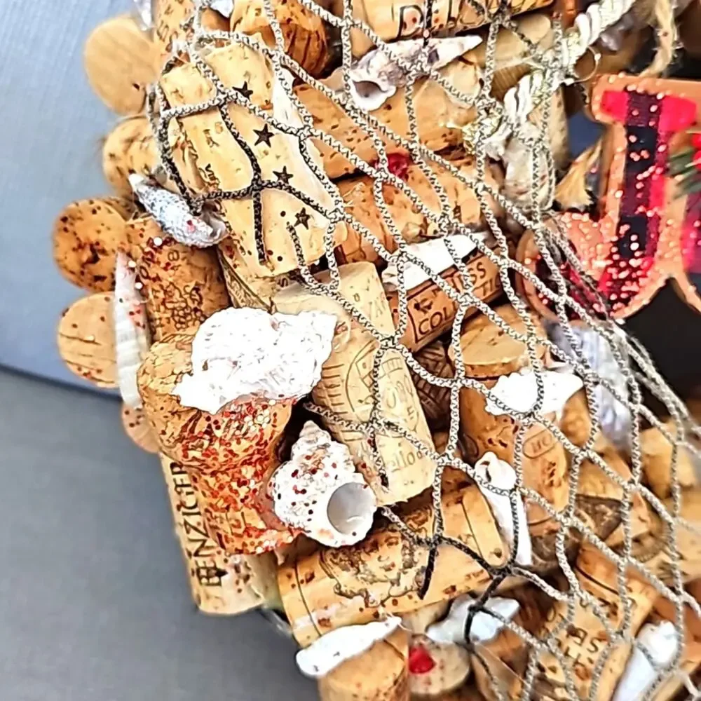 Christmas Wreath Made From Wine Corks Seashells Glitter Snowman Joy 13